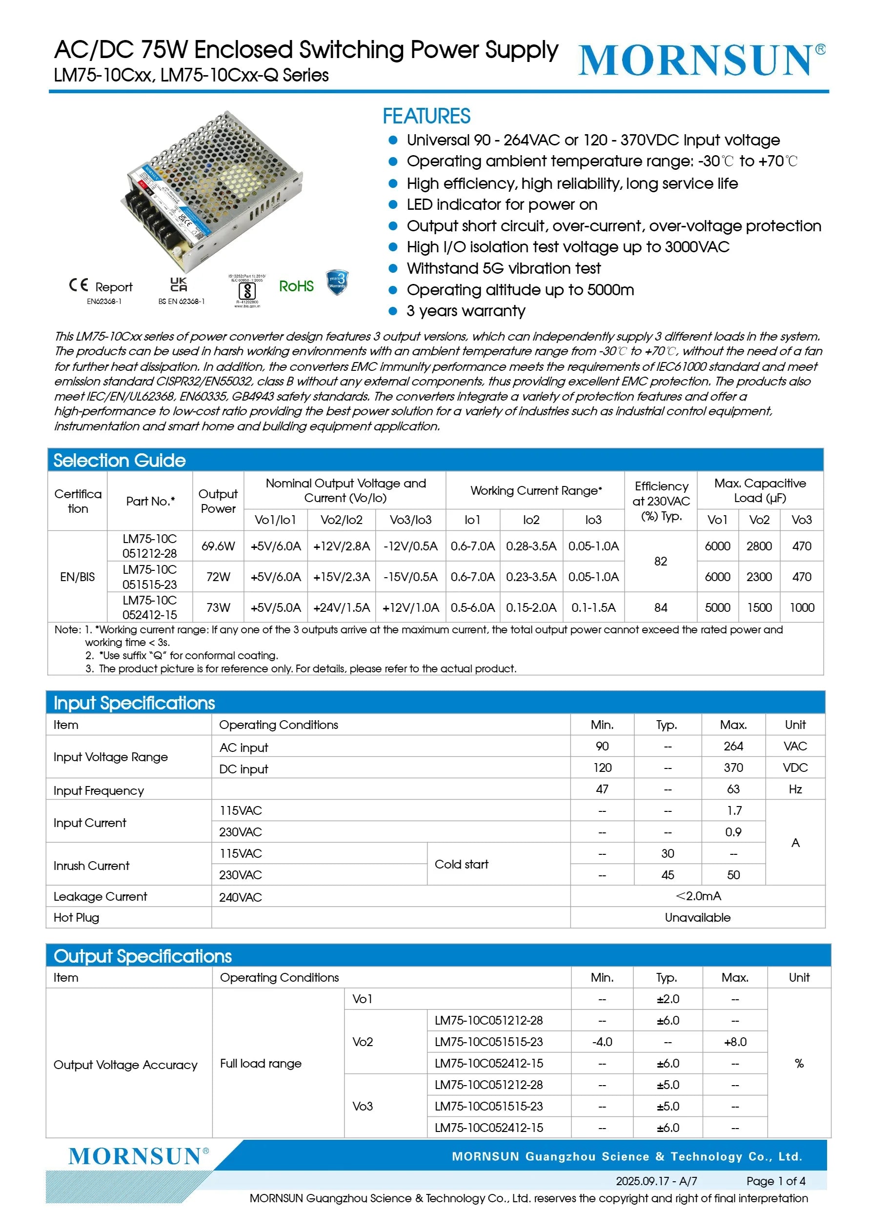 LM75-10C051212-28 LM75-10C051515-23 LM75-10C052412-15 75W AC-DC Enclosed Switching Power Supply