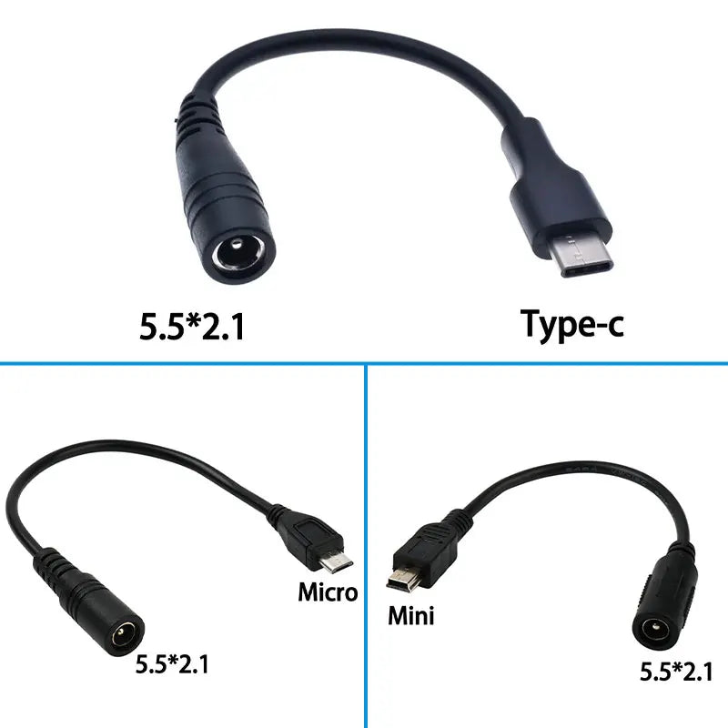 5.5*2.1mm DC Power Plug Waterproof Jacket Female To Micro USB / Mini USB / Type C Male Adapter Cable