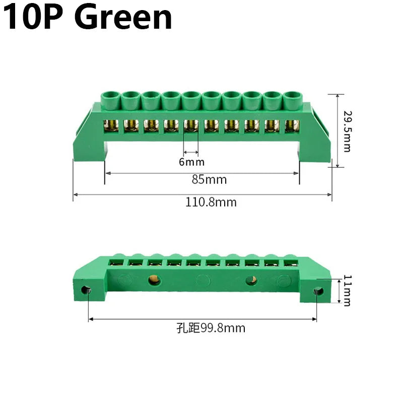 Blue White Green Bridge Design Zero Line 4-12 Pole Screw Brass Copper Grounding Strip Terminal Block Connector Earth And Neutral
