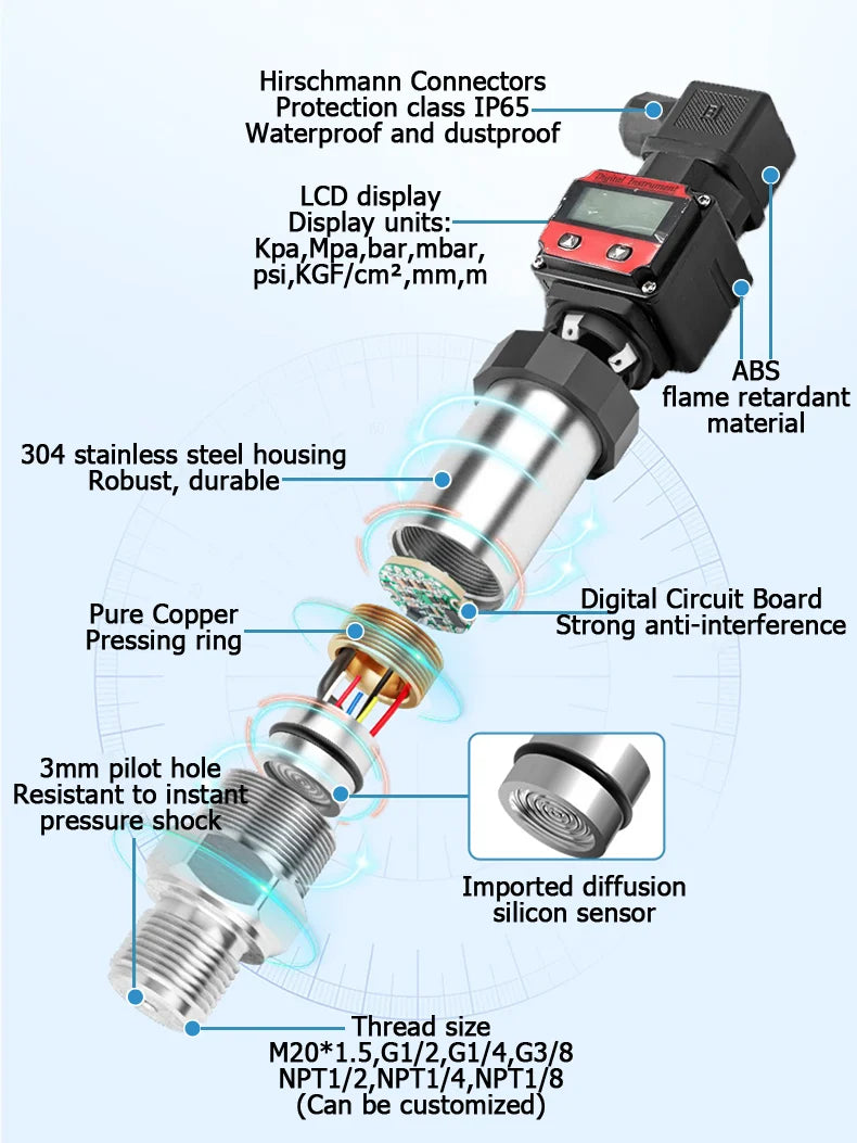 LCD Pressure Transmitter Measurment -1-0-1000bar 4-20mA 5V 10V Output Water Oil Gas Pressure Sensor G1/4 Pressure Transducer