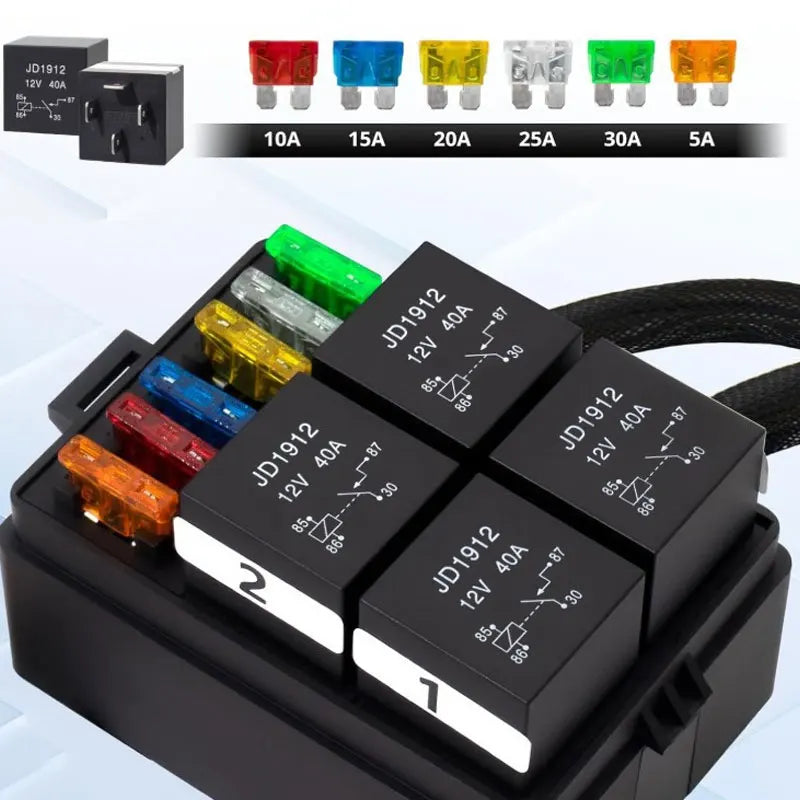 12V/24V 40A 4/5 Pin 6-Way Fuse Relay Box, 4 Relay Holder Standard ATO Fuse Block with Free Assembly for Car Motorcycle