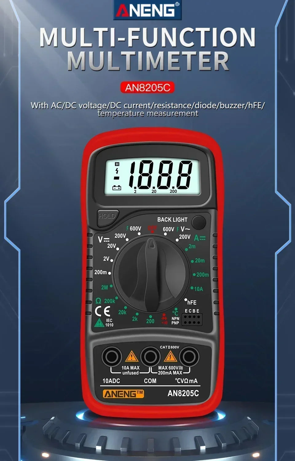 ANENG AN8205C Volt Ohm Multimetro Tester Meter With Thermocouple LCD Backlight Portable Digital Multimeter AC/DC Ammeter