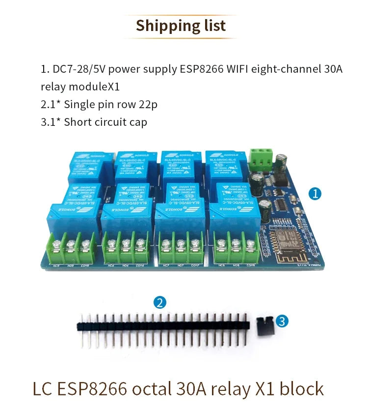 DC5V/7-28V Power Supply ESP8266 30A 8 Way WiFi Relay Module ESP-12F 8 Channel Development Board