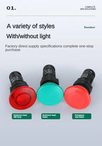 22mm Mushroom Button Switch Momentary Self Reset Emergency Stop Push Button Switch Power Start Switch with Light Red Green 5A