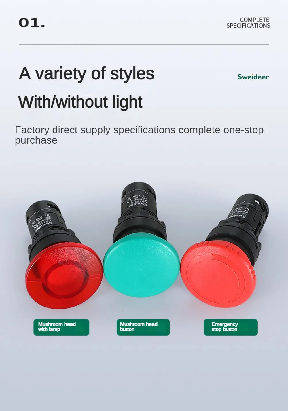 22mm Mushroom Button Switch Momentary Self Reset Emergency Stop Push Button Switch Power Start Switch with Light Red Green 5A