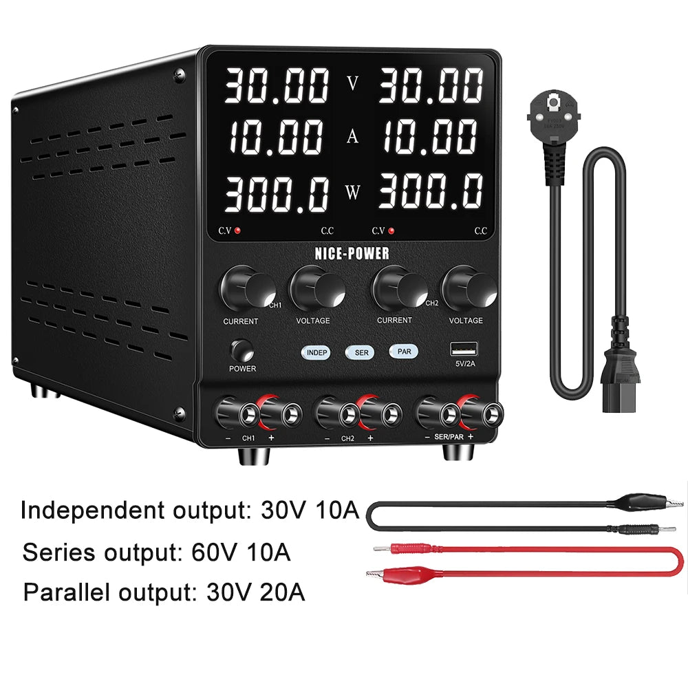 NICE-Power Dual Lab Power Supply 30V 10A Adjustable 3 Channel 60V 120V 240V Digital Bench Power Source Multiple Series Parallel