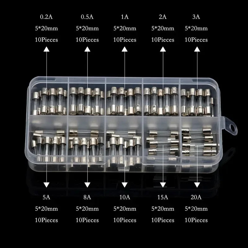 100pcs 5x20mm Glass Fuse Assortment Kit 0.25A to 20A Fast-Acting Fuses for Electronics Amplifier Power Supply Protection