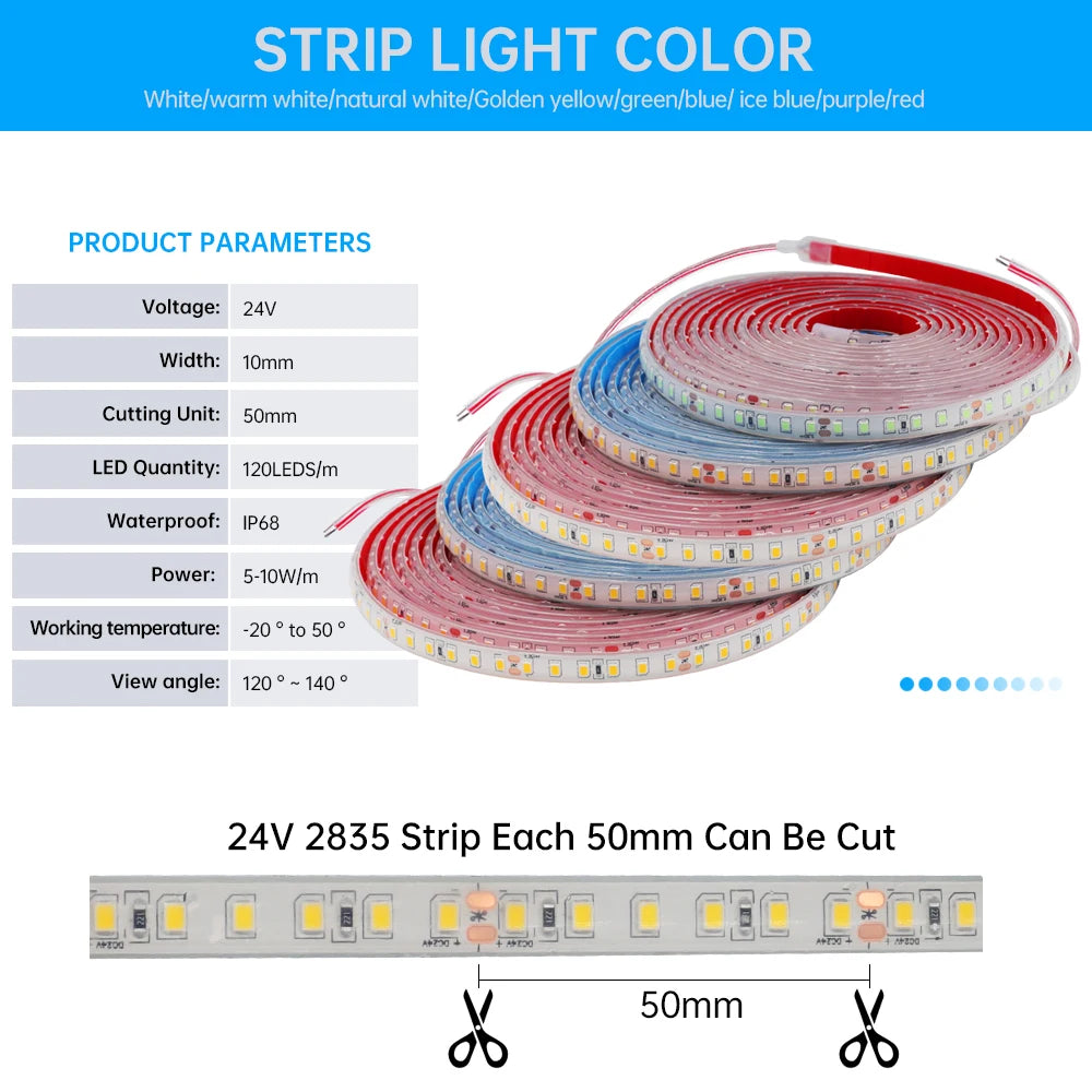 IP68 Waterproof LED Strip Light 2835 12V 24V 120LED/m with 2-pin Wire/ DC Plug Flexible Adhesive Tape 3000k/4500K/6000K 1M-20M
