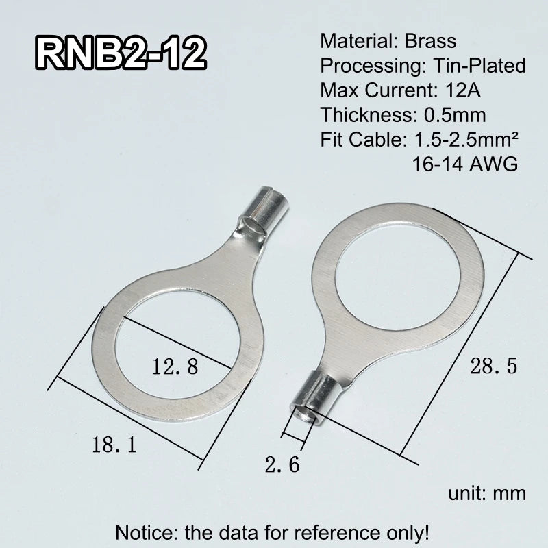 100pcs RNB Brass Ring Bare Terminal Block Connector Cable Lugs Wire Crimping Tips Electrical Connection Strips 12V 2.5mm 4mm 6mm