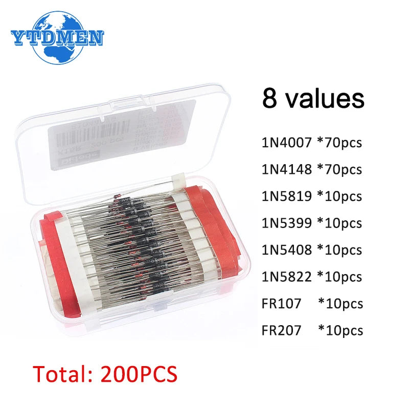 100-200pcs Rectifier Schottky Diode Kit 1N4007 1N4148 1N5408 1N5819 1N5822 1N4001 1N4004 1N5404 FR107 FR207 Fast Switching Diode