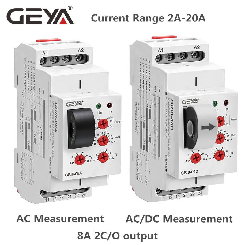 GEYA GRI8-06 DC Current Sensor Relay 18mm Width 2CO 8A AC/DC Current Testing Relay 24V-240V Wide Range