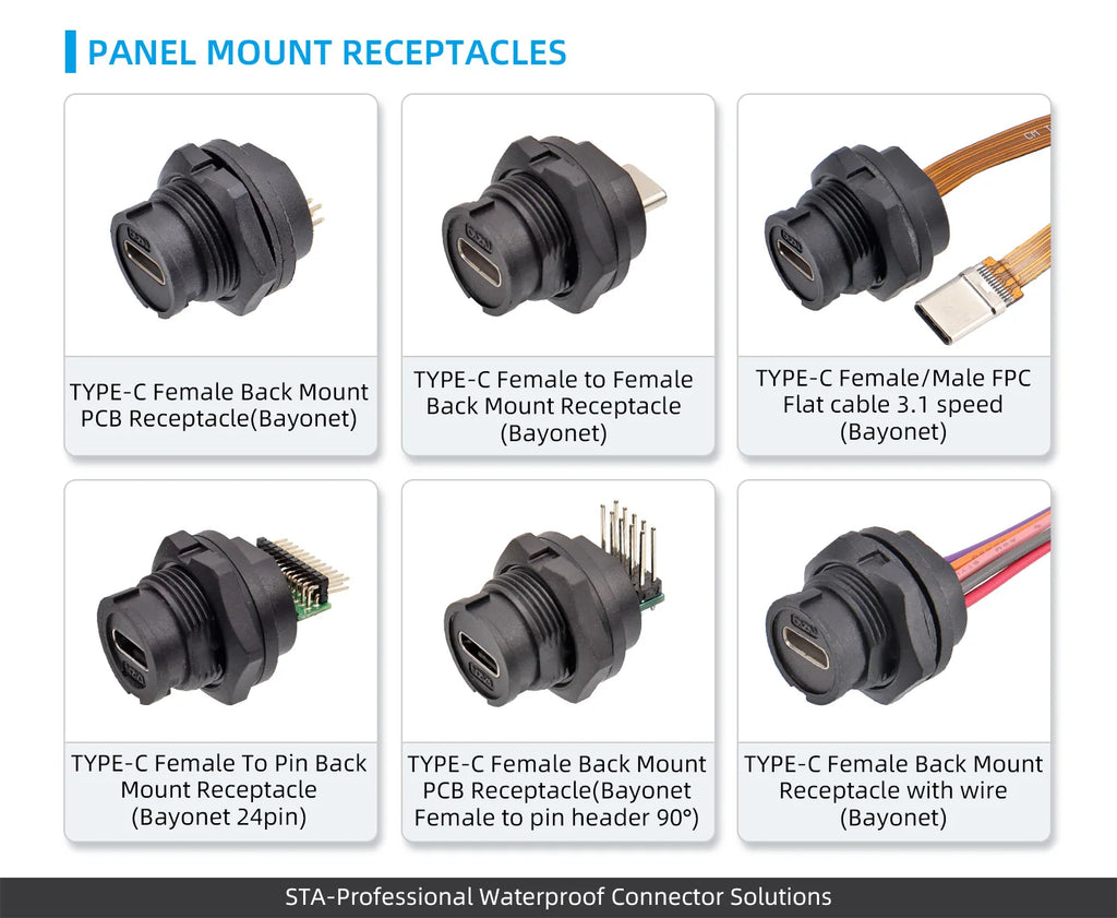 Type-c to USB 3.0 IP67/Ip68 Waterproof Connector Aviation Plug Quick Charge Female to Female Panel Mount PCB Socket FPC Cable
