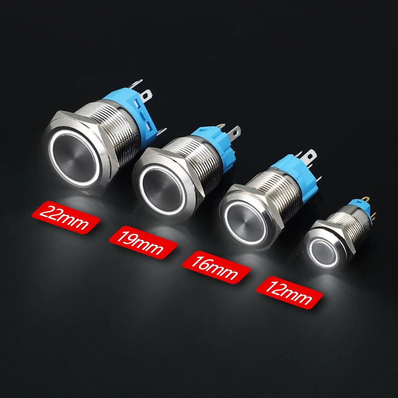 ABILKEEN 12/16/19/22MM LED Ring Illuminate Metal Push Button Switch 1NO1NC Momentary/Latching Power Control Push Button Switch