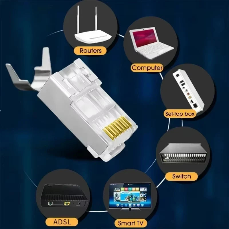 Pass Through RJ45 Connector 8P8C Cat7/Cat6/Cat5 Shielded Connectors Crystal End Gold-Plated 8P8C Crimp UTP Ethernet Modular Plug