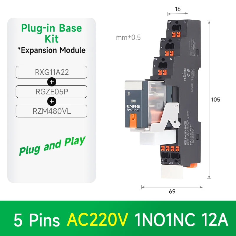 ENMG RXG Slim Power Relay 12A 24VDC/220VAC Coil, DIN Rail Mount Industrial Relay for PLC Control System