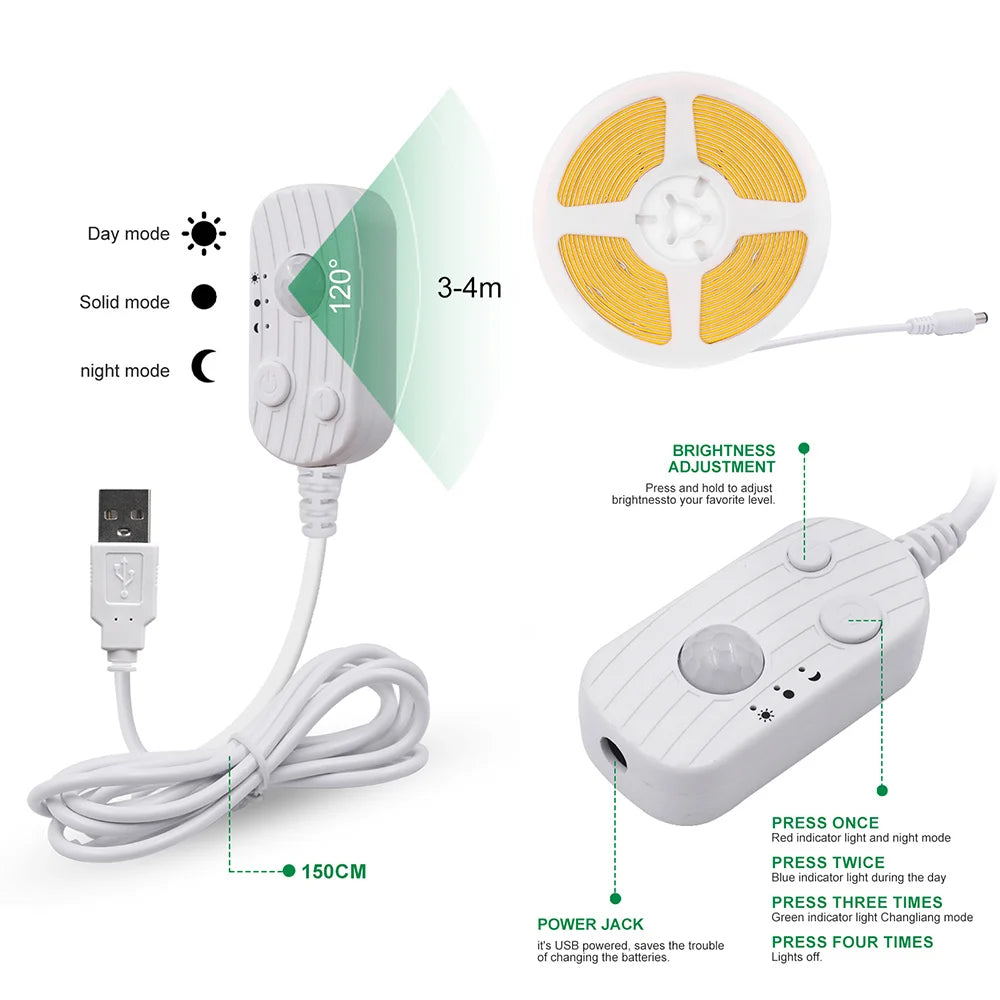 IP68 Waterproof COB Led Strip Light Motion Sensor 5V Battery USB Powered Auto ON/OFF Cabinet Kitchen Staircase Liner Lighting