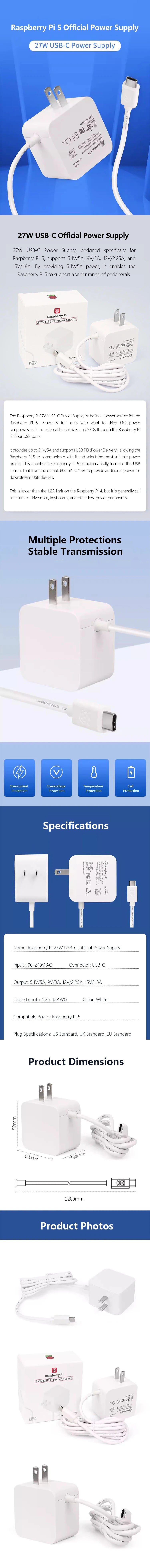 Official Raspberry Pi 5 Power Supply 27W USB-C Adapter 5.1V 5A with PD Standard Support