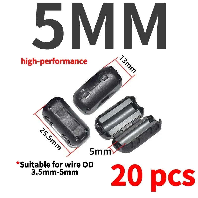 20Pcs 3.5/5/7/9/13/15mm Ring Core Ferrite Bead Clamp Choke Coil EMI RFI Noise Filter Clip Snap Cable for Black Magnetic Snap-on
