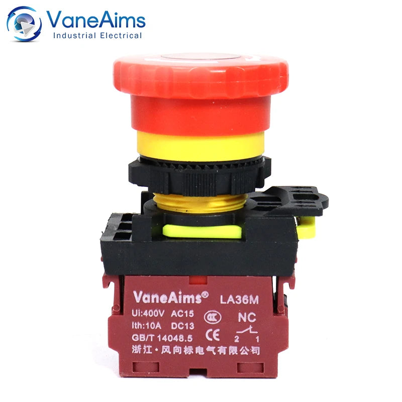 22mm LA36M Emergency Stop Switch Lockable Push Button 12v 24v 220v 10A 1NC 2NC Red Mushroom Head E-Stop Switches On Off VaneAims