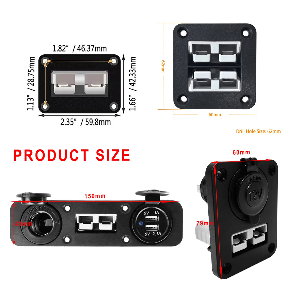 Single/Dual Socket 50A Flush Mount Bracket Panel Cover for Anderson Plug Charging Power&USB Car Caravan Solar Battery Connector