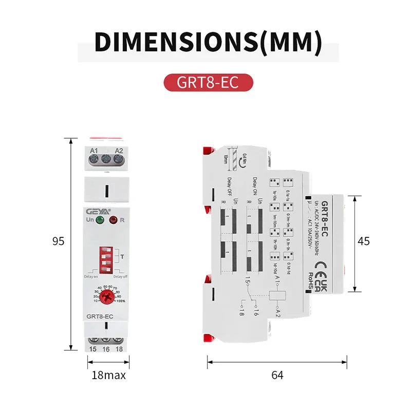 GEYA GRT8-EC 10A Dual Function Timer Relay on Delay or off Delay Relay AC220V AC380V ACDC24V-240V Time Relay CE CB ROHS