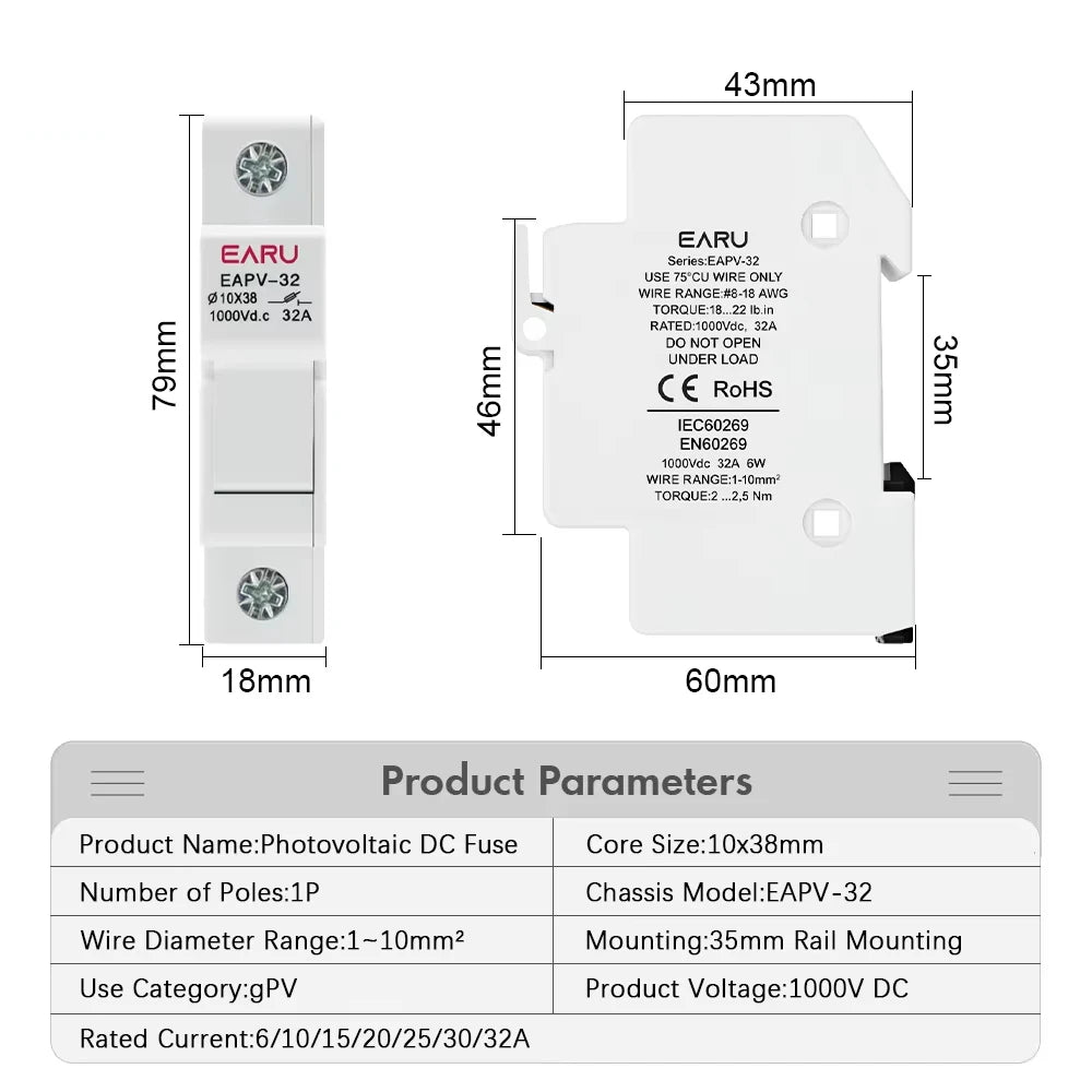 EARU Din Rail Solar Fuses DC 1000V 1500V PV Photovoltaic 20A 25A 30A Fuse Holder Base Solar System Short Circuit Protection GPV