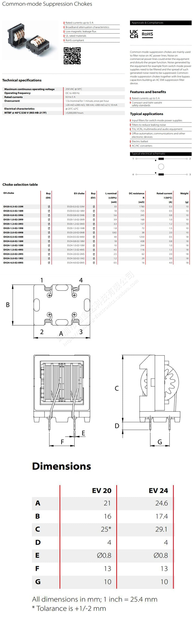 5PCS/ EV24-1.5-02-4M5 Imported switching power supply with common mode filter 4.5MH 1.5A common mode inductor
