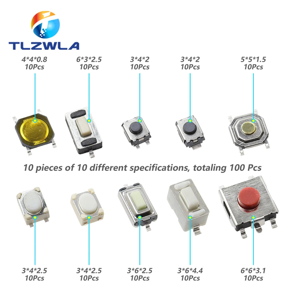 100PCS 10 Models Tact Switch Tactile Push Button Switch Kit: 3*4*2mm 3x6x4.3mm 2Pin 3x6x2.5mm 4*4*1.5mm SMD 4 Feet