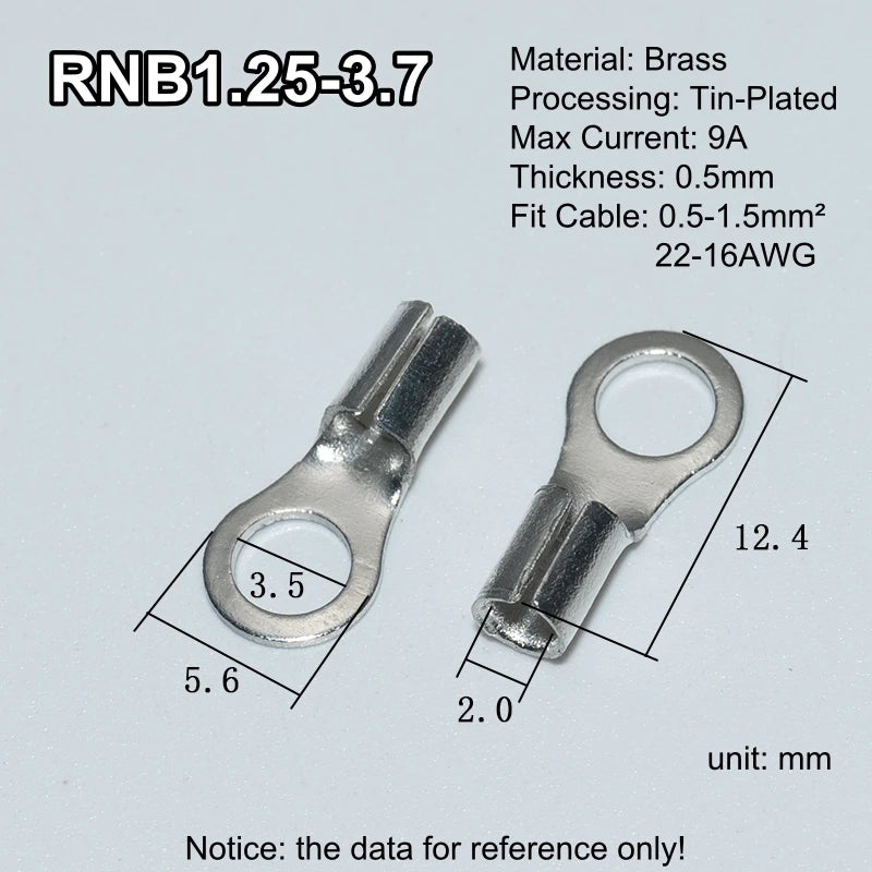 100pcs RNB Brass Ring Bare Terminal Block Connector Cable Lugs Wire Crimping Tips Electrical Connection Strips 12V 2.5mm 4mm 6mm