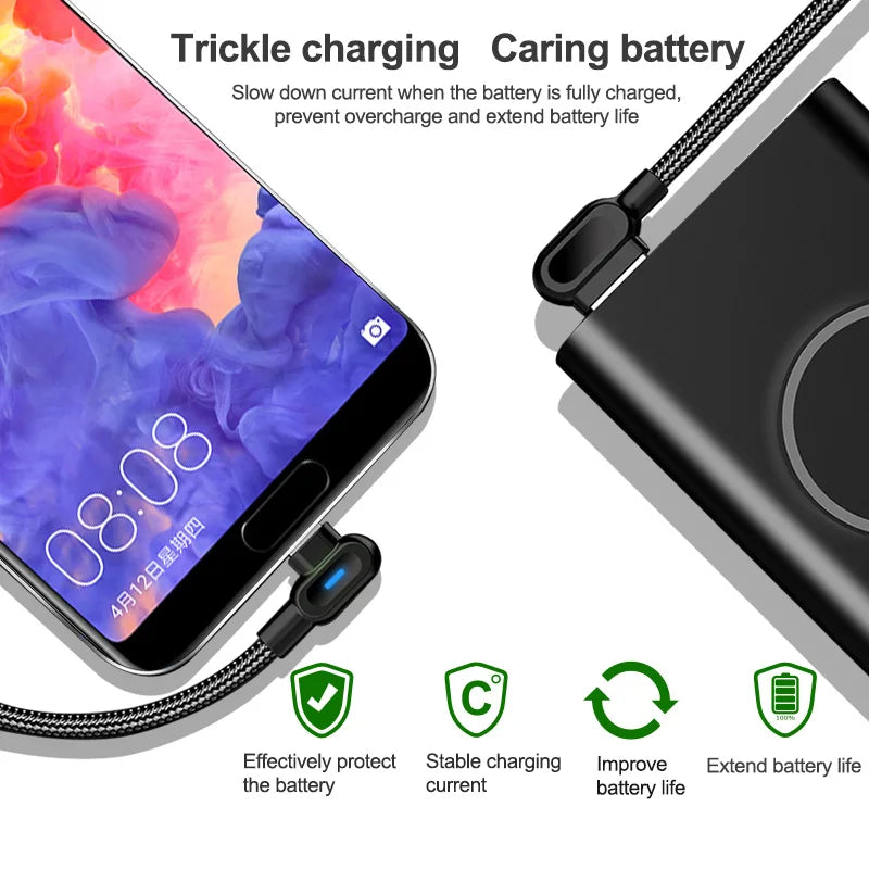90 Degree USB Type C Cable Fast Charging USB A To Micro Cable For Samsung Xiaomi Huawei Android Phones USB C Data Cable 1M 2M