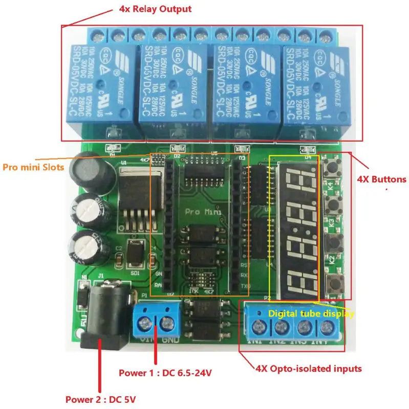 DC6.5-25V/5V 4CH Relay Control Board Opto Isolated NPN Input Digital Tube For Arduino Pro Mini Programmable Timer Module
