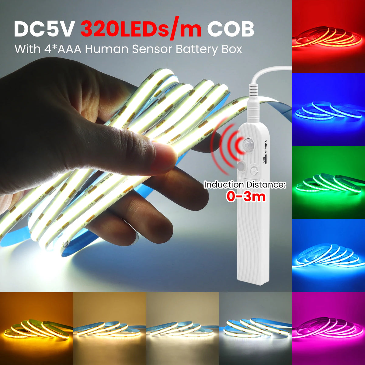 8MM COB Led Strip 5V with Motion Sensor Battery Powered 320LEDs/M Led Induction Night Light Warm White Red Ice Blue Green Yellow