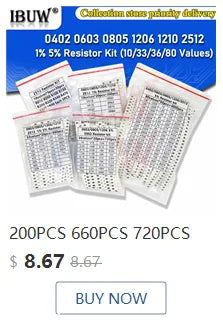 200PCS 660PCS 720PCS 4000PCS 0402 0603 0805 1206 1210 2512 SMD Resistor Kit igmopnrq Assorted Kit 10K 100K 1K 1R 100R 220R 1% 5%