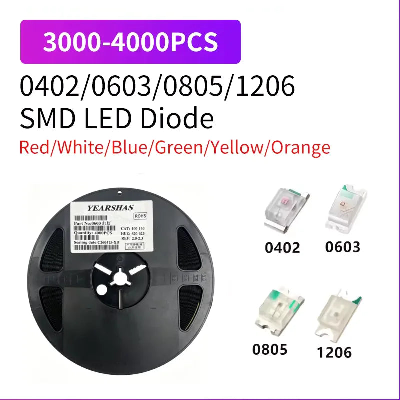 3000pcs SMD 0402 0603 0805 1206 Red Blue White Green Orange Pink High Quality Clear Light Emitting LED Chip Surface Mount Diode