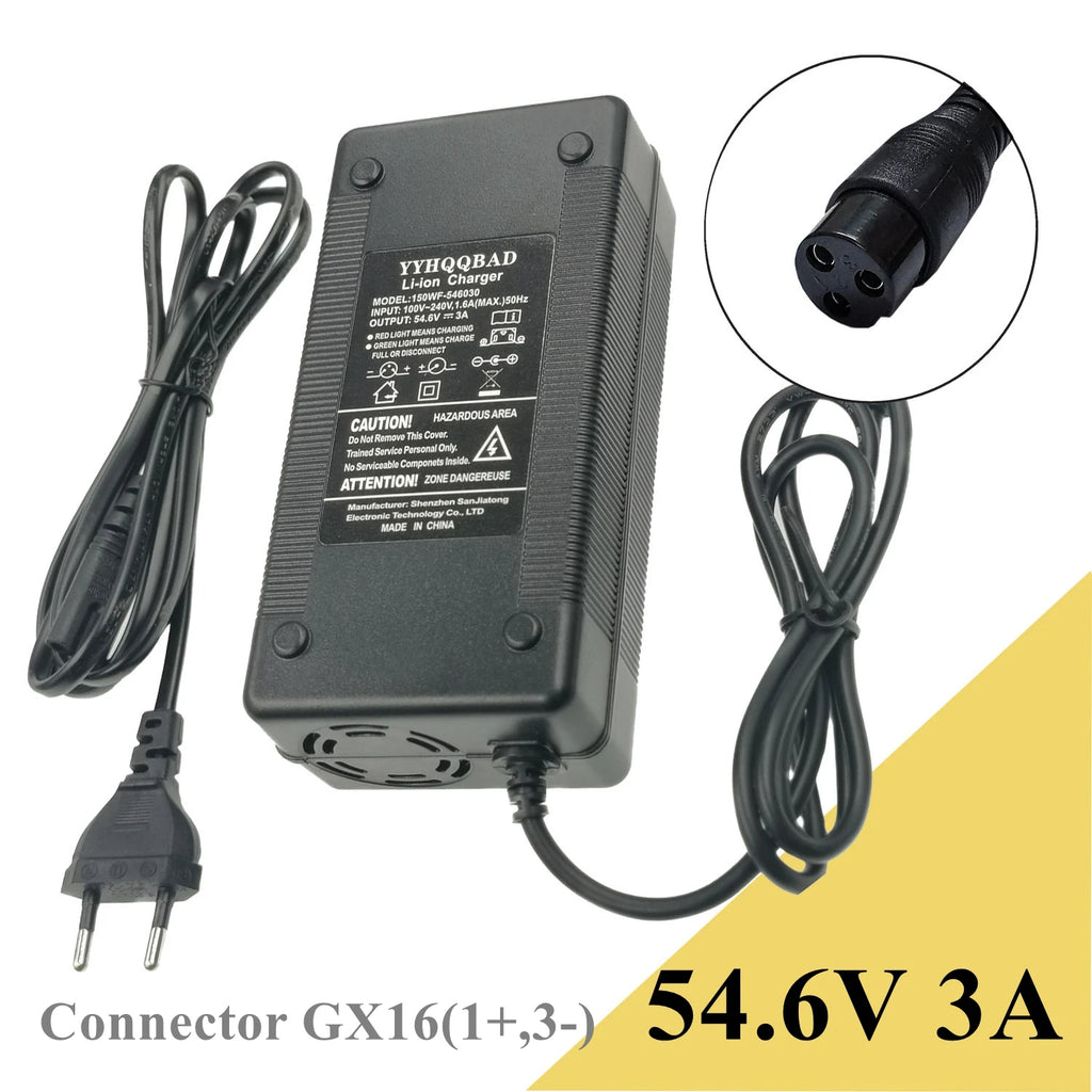 54.6V 3A Charger for 13S 48V Li-ion Battery Pack with 3P GX16 Connector
