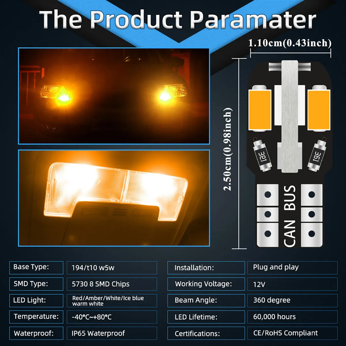 10pcs  W5W Led T10 Canbus Led Bulbs 8Pcs 5730 SMD 168 194 LED Interior Map Dome Lights Auto Clearance Light Parking Signal Lamp