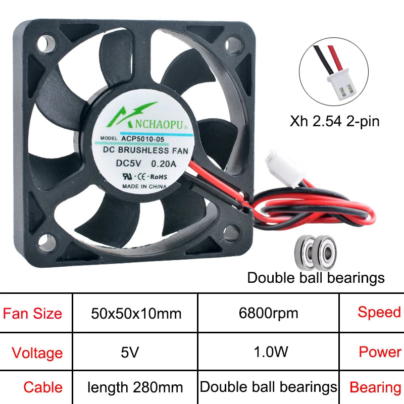 ACP5010 50x50x10mm Axial Cooling Fan 2-Pin DC 5V/12V/24V 50mm for Power Supply Charger Frequency Converter - Computer Case Fans