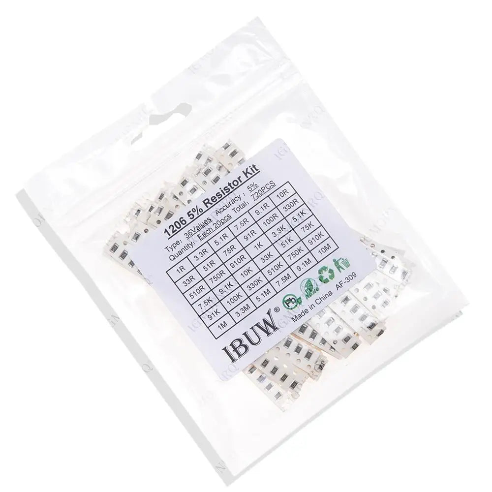 36Value each 20pcs =720pcs 1206 SMD Resistor Kit 1/4W 0.25W 5% 1 ohm~10 Mohm  component diy  kit 1R 3.3R 5.1R 1K 10K 100K 1M 10M