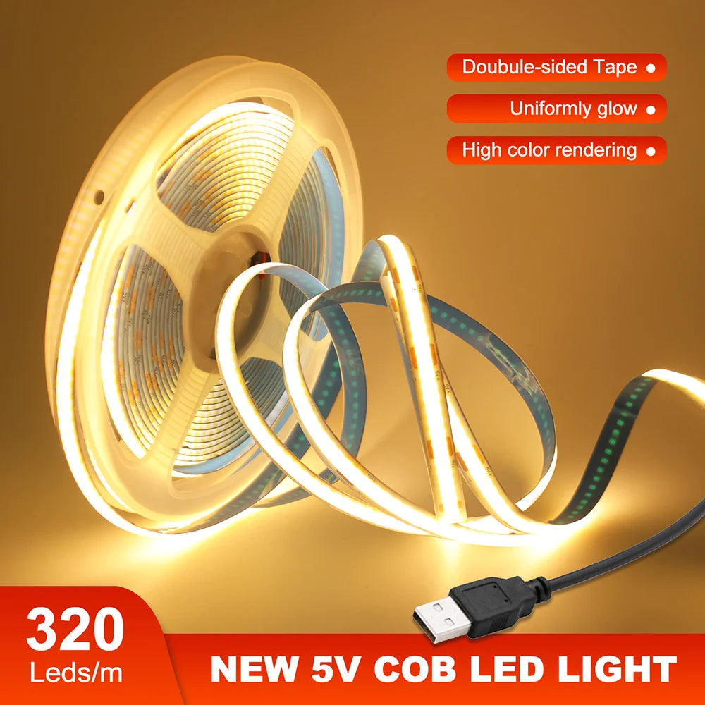 5V USB COB LED Strip Light Tape White Red Green Pink Ice Blue Yellow Flexible 320 LEDs 8mm PCB Ribbon TV Backlights Night Lamp