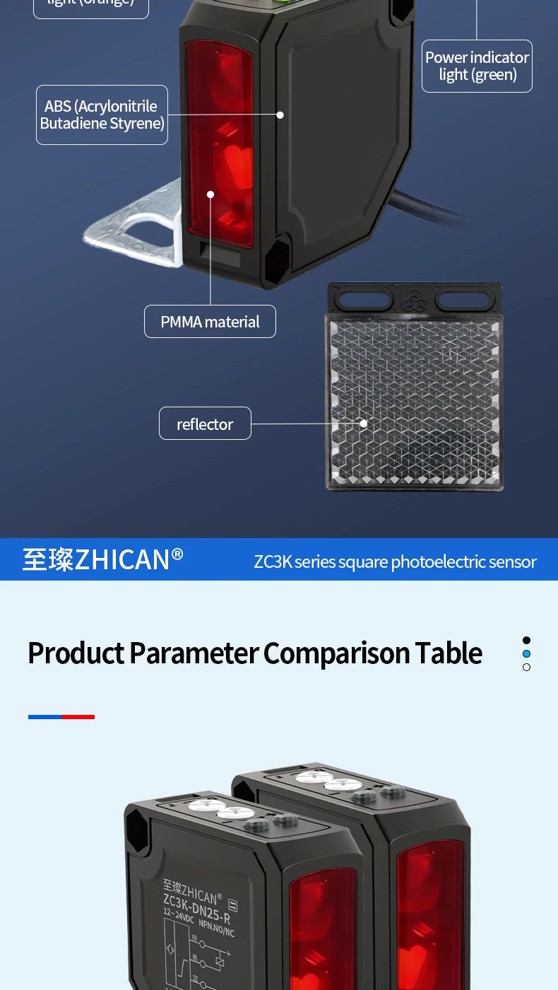 Zhican Zc3K Long Range Photoelectric Sensor 0.1-30m through Beam Retro Reflective Diffuse Reflective Switch