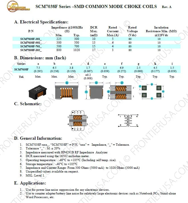10PCS/ SMD four-leg common mode inductor filter SCM7038f-301-LRH 5A current miniature common mode choke coil