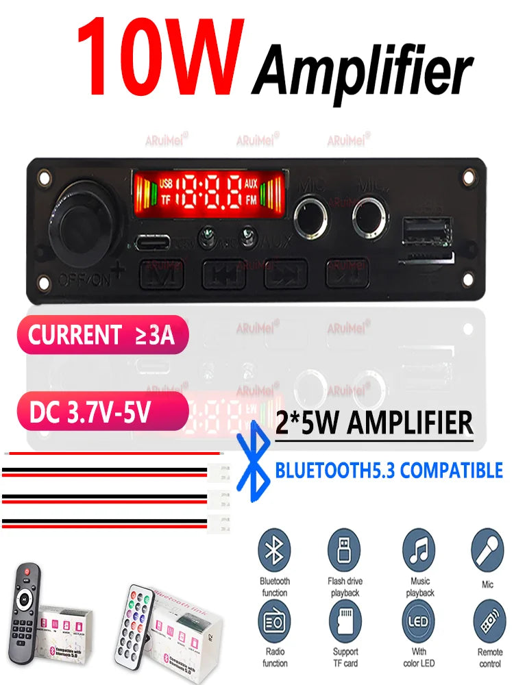 10W Bluetooth Amplifier Board MP3 Decoder Module Dual Channel DC 3.7-5V USB/TF/FM Car Audio Player with Recording Handsfree CalL