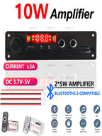 10W Bluetooth Amplifier Board MP3 Decoder Module Dual Channel DC 3.7-5V USB/TF/FM Car Audio Player with Recording Handsfree CalL