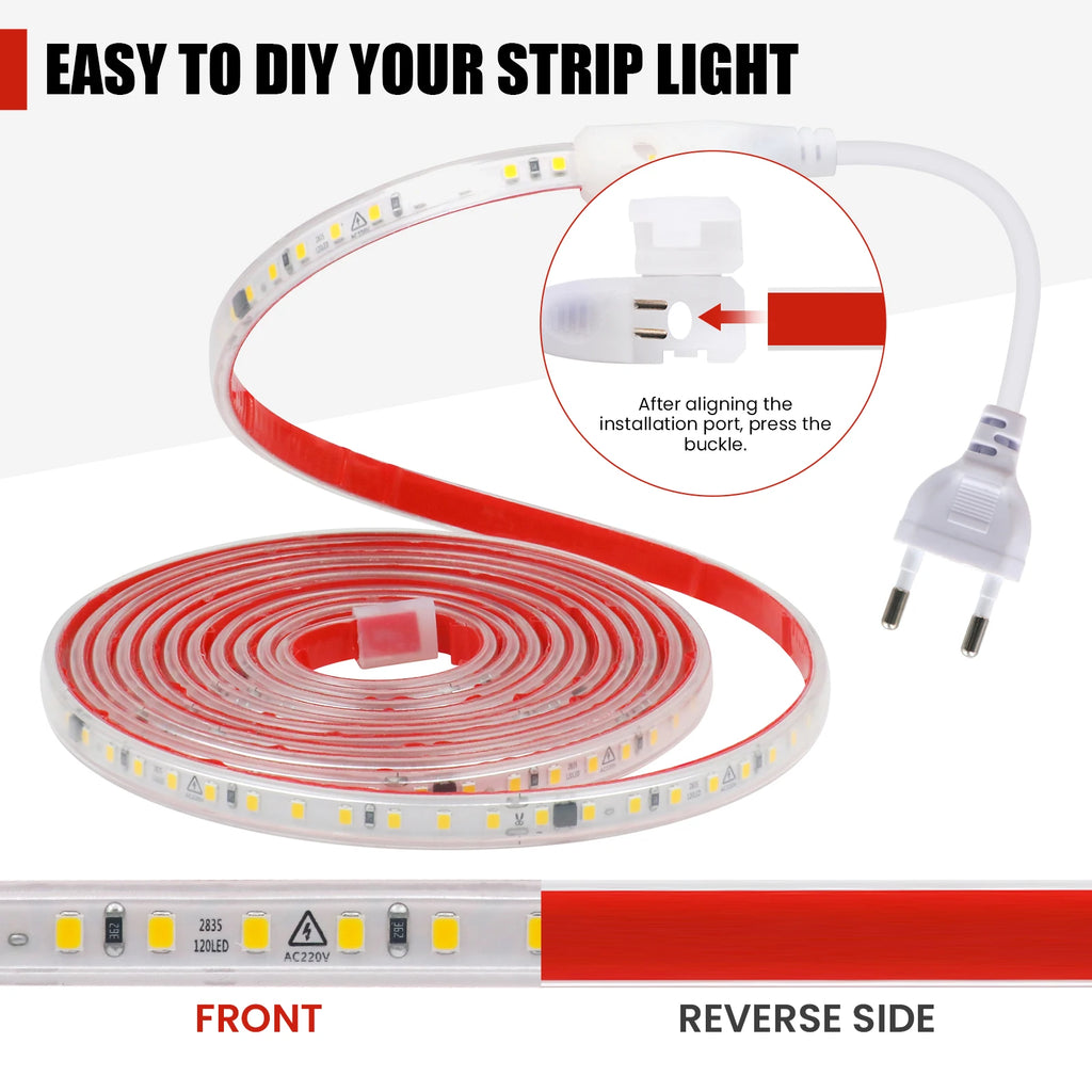 220V LED Strip 2835 120LEDs/m Waterproof 0.5M 5M 10M 20M 30M 40M Flexible Lamp Adhesive Tape White Red Green Ice Blue Pink