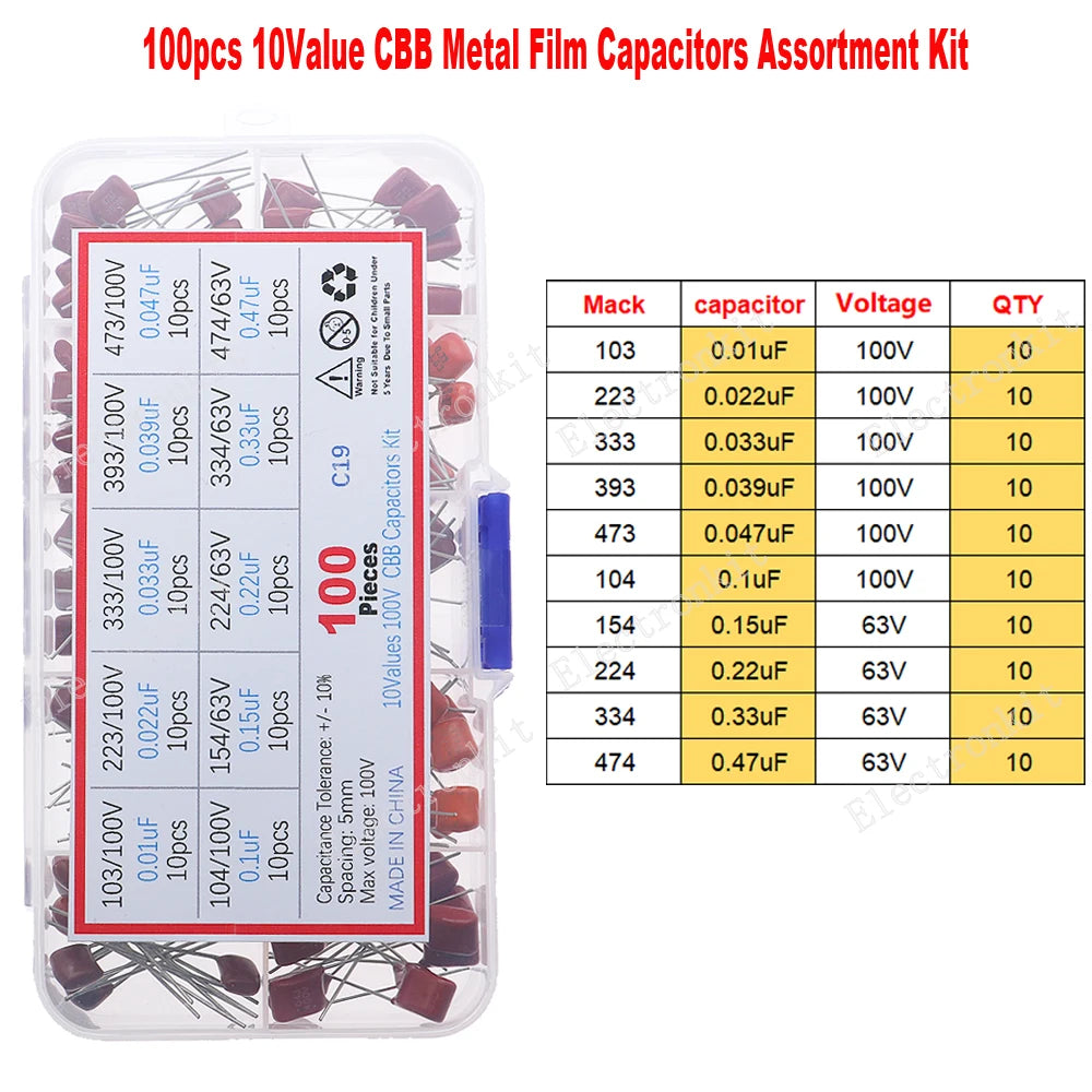 CBB Metal Film Capacitors Assortment Kit 100V 400V 630V 1000V 104 223 103 473 224 334 474 10nF 22nF 33nF 47nF 100nF 220nF 470nF