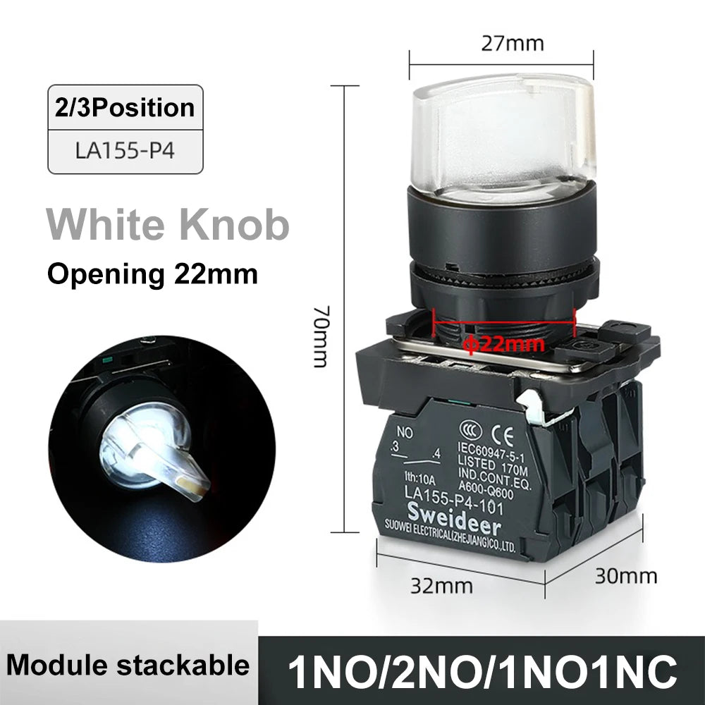 XB4 Knob Switch with LED 22mm 2/3Position Self Locking 1NO/2NO/1NO1NC Select Rotary Switch with Light 12V 24V 220V 10A Red Green