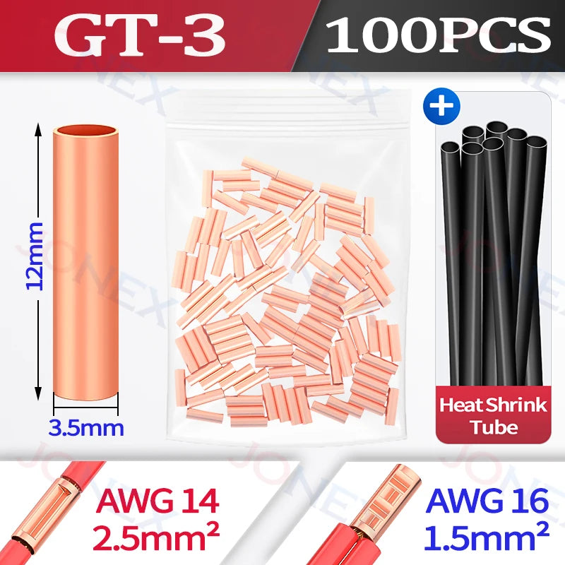 100PCS GT Copper Terminal Connectors Electrical Wire Cable Crimp Connecting Tubular Ferrules or for Lugs Have Heat Shrink Tubing