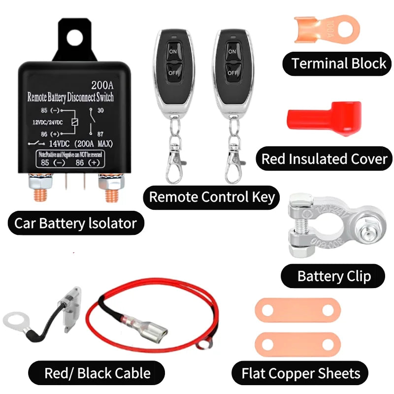 200A  Battery Switch Relay 12V Remote Car Control Battery Disconnect Cut Off Isolator Anti-Theft Dual Remote Control Contactor