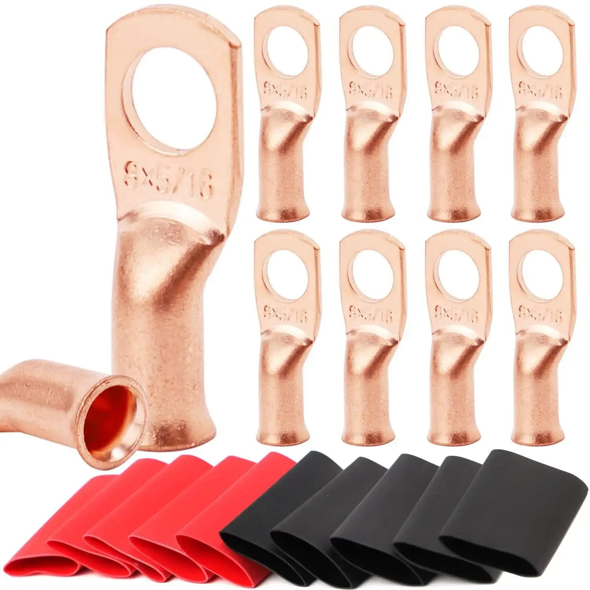 10pcs Copper Terminal Connectors, AWG 2 4 6 8 1/0 2/0 Ring Lug With Shrink Tubing 10Battery Cable Lugs, With 10 Shrink Tubing