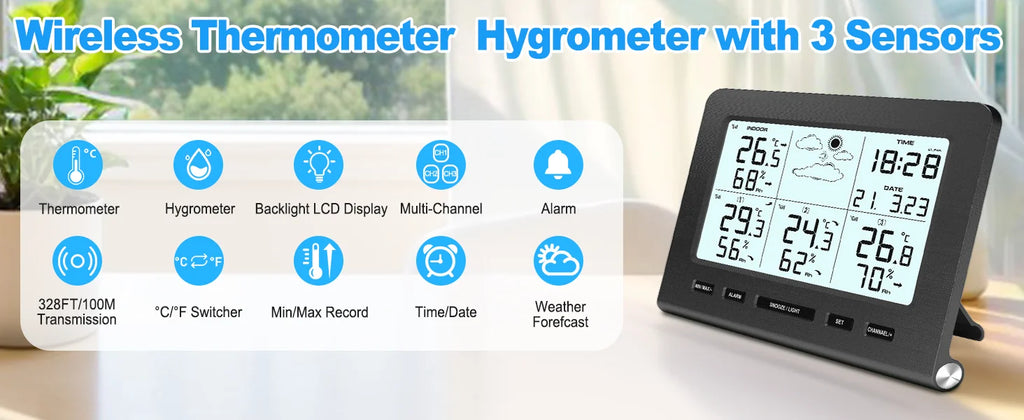 3 Sensors Weather Station with 100m Wireless Transmission Backlight LCD Alarm Clock  for Indoor/Outdoor Temp Humidity Monitor